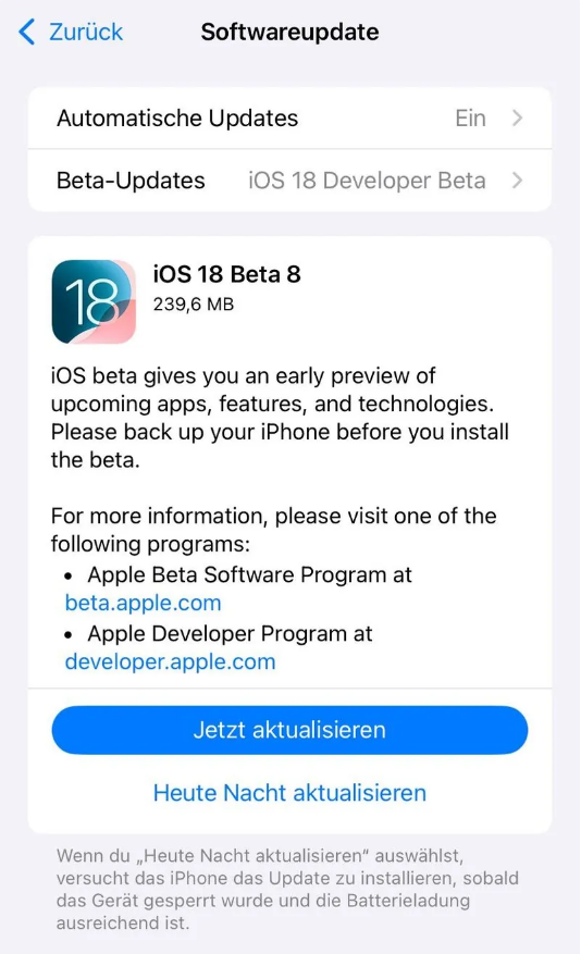 槐荫苹果手机维修分享苹果 iOS / iPadOS 18 开发者预览版 Beta 8 发布 